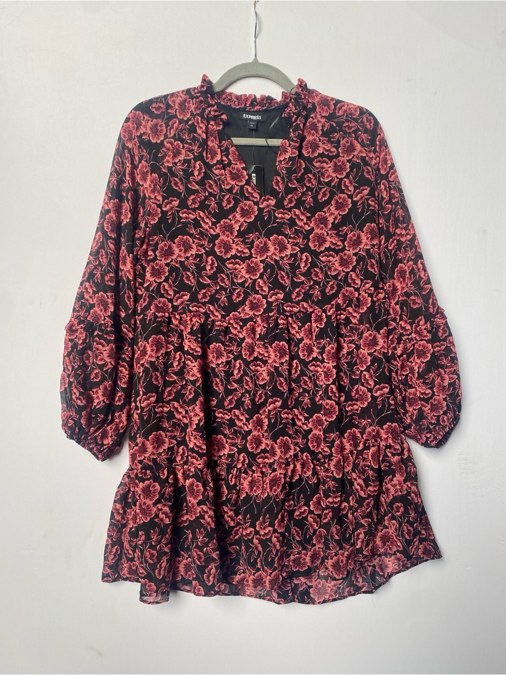 Express Black Dress with Rose Floral Print and Three-Quarter Sleeves (xs) NWT